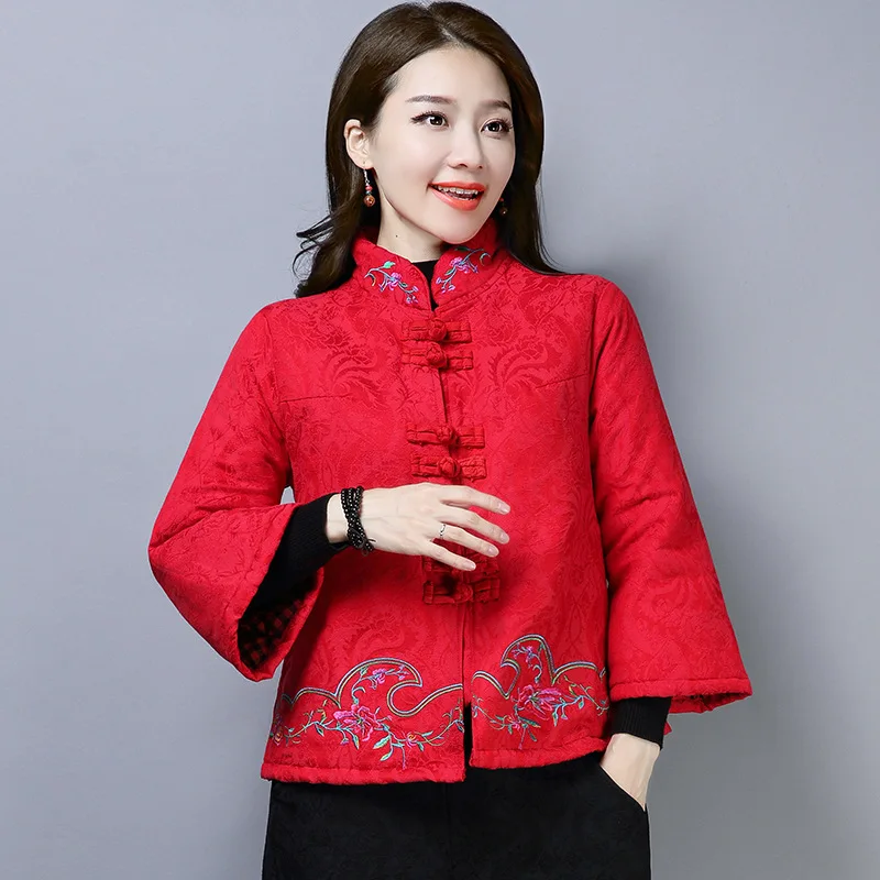 

2018 Winter Large Size Middle-aged Women Dress Chinese-style Jacquard Embroidered Stand Collar Frog Thick Cotton Coat Cotton-pad