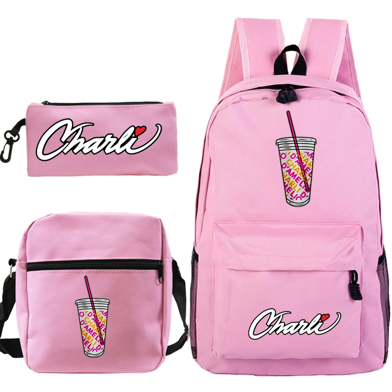

Charli Damelio Canvas Backpack 3 Pieces/set Girls School Bag Boys Pencil Case Crossbody Bags Women Kids Purse Bag Knapsack Gift