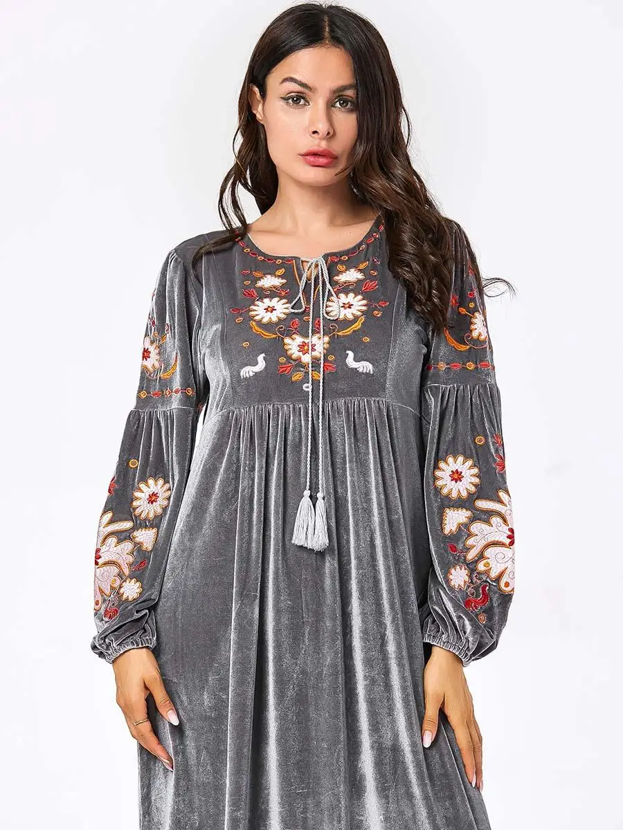 Модное женское бархатное теплое мусульманское платье abaya длинное платье с вышивкой исламские Макси-платья Дубай jilбаб с круглым вырезом платье одежда