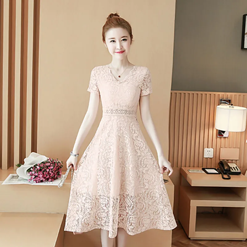 

Summer Casual Short sleeve Lace Dress Women Elegant Party Dresses 2019 Ladies Hollow Out Dress Office Pink Beige White vestidos