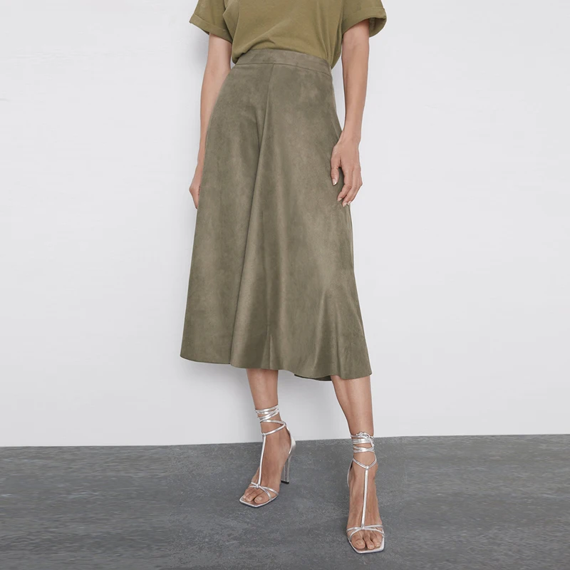 Khaki Green Za элегантный дизайн Новые Модные Женские однотонные Юбки Высокая талия молния сзади большой маятник юбки офисные женские юбки - Цвет: Khaki Green