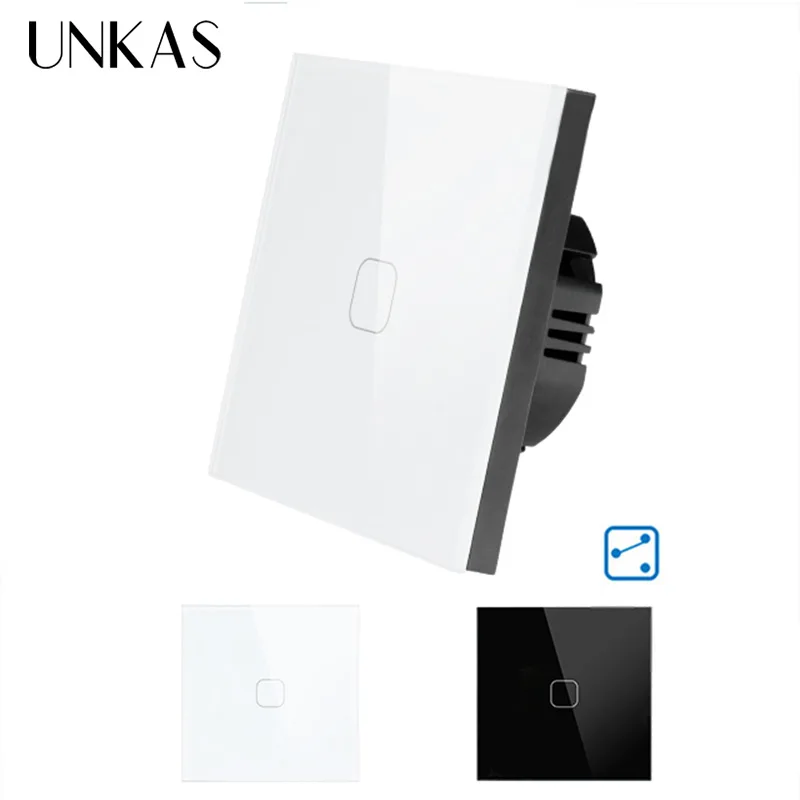 

UNKAS Smart Home EU Standard 1 Gang 2 Way Light Wall Touch Switch Crystal Glass Panel Waterproof and Fireproof switch 220V