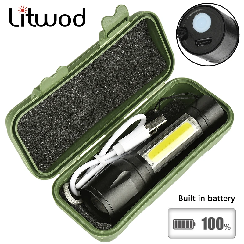 Litwod Z201517 встроенный battery светодиодный мини фонарик Q5 и COB Zoom водонепроницаемый