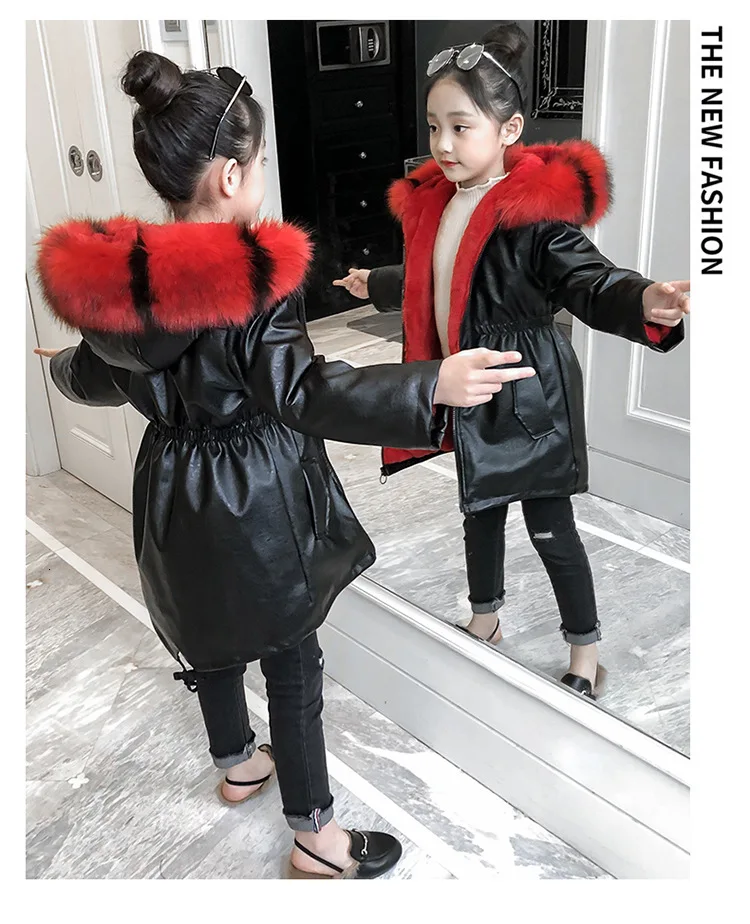 Зимнее пальто для девочек Детская длинная куртка из искусственной кожи с искусственной Меховая куртка пальто теплая ветровка, верхняя одежда для маленьких девочек, От 3 до 13 лет