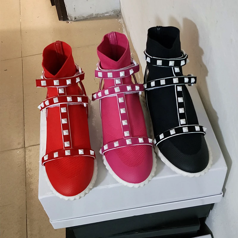 

New Casual Knitted Elastic Ankle Boots for women white rivets studded platform Flat heels sneakers Socks Shoes Female Booties