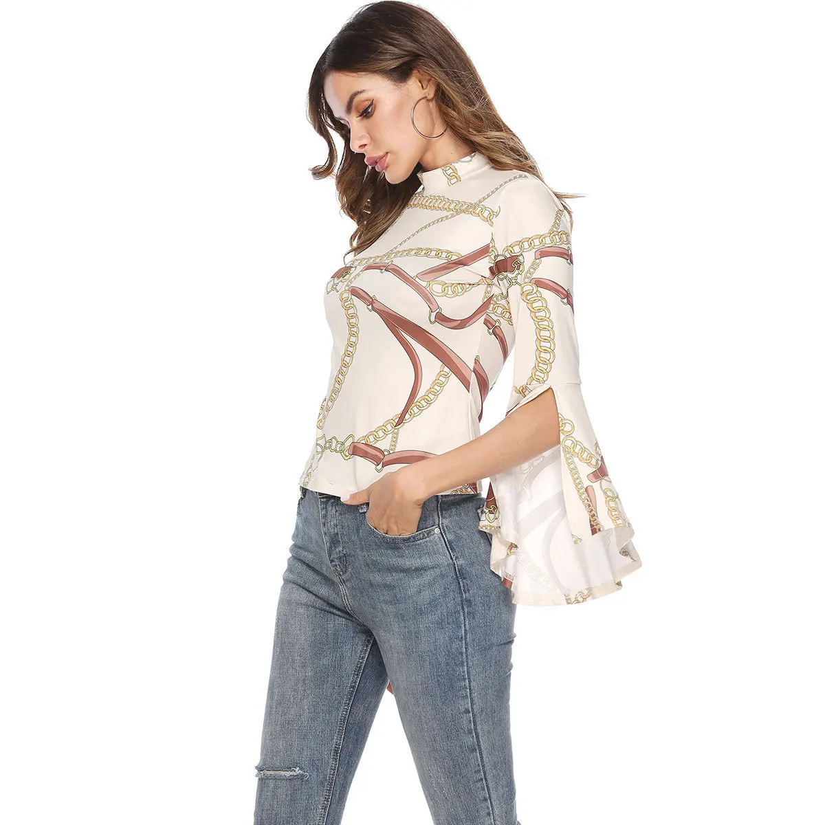 Женская футболка с длинным Расклешенным рукавом сексуальная летняя открытой