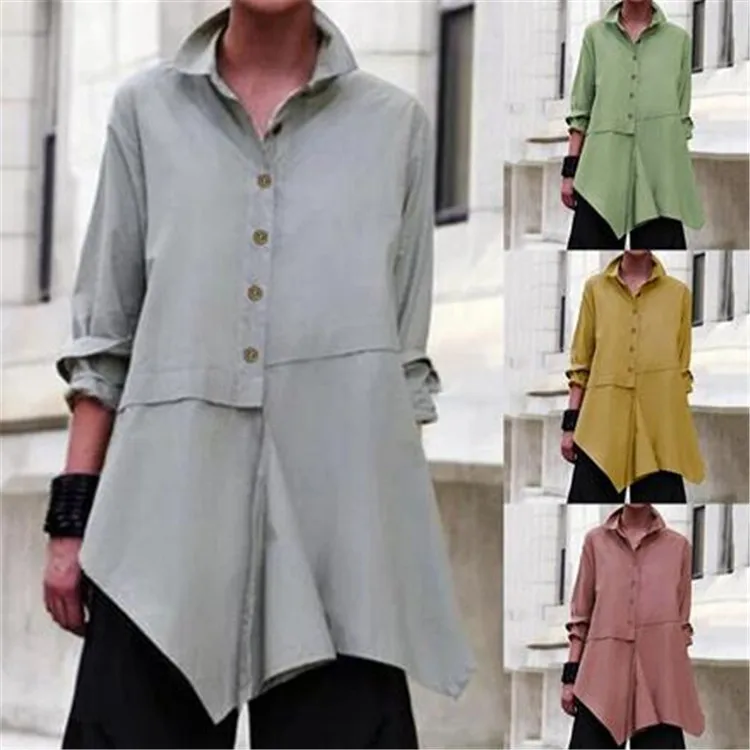 

2020 spring and summer new large size ladies lapel irregular blouse long sleeve solid color shirt