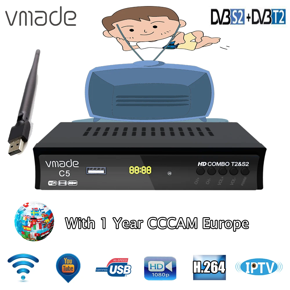 

vmade C5 HD DVB-T2 DVB-S2 COMBO digital Satellite Receiver Full HD1080p Terrestrial TV Tuner support AC3 Youtube Cccams Europe