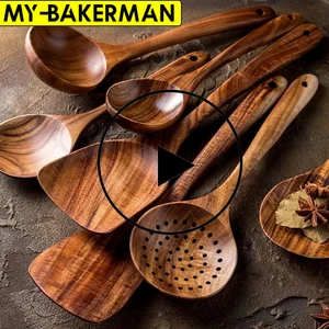 1-7pcs/set  Teak natural wood tableware spoon colander spoon special nano soup skimmer cooking spoon wooden kitchen tool kit