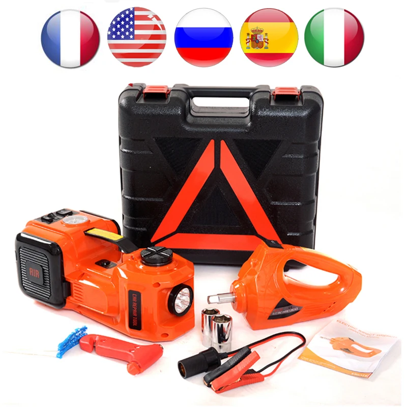 Tanie Podnośnik samochodowy 3 w 1 elektryczny podnośnik hydrauliczny 5T samochodowy podnośnik podłogowy 12V z pompka inflatora LED Light do ciężarówki narzędzie do naprawy opon 45CM