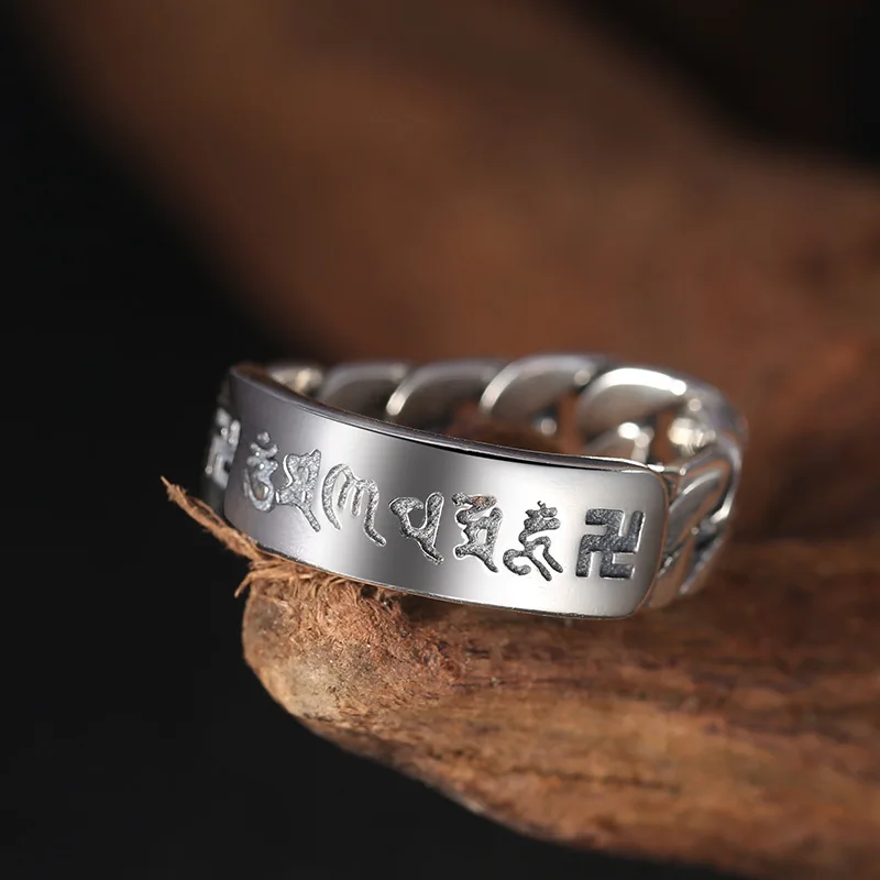 

100%925 sterling silver fashion jewelry men and women personality six-word mantra chain ring retro Thai silver beautiful ring