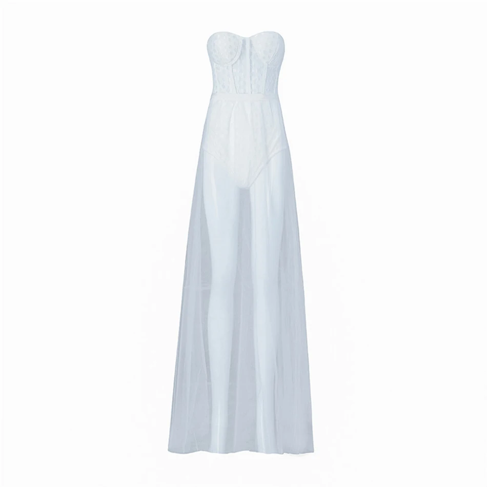 Белое длинное модное женское Сетчатое сшитое Бандажное платье, сексуальное Кружевное облегающее платье без рукавов без бретелек, вечерние платья Vestidos