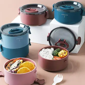 

1Pc 1600ML Round Double-layer Heat Preservation Lunch Box Bento Box Portable Food Container for School Office (Red)