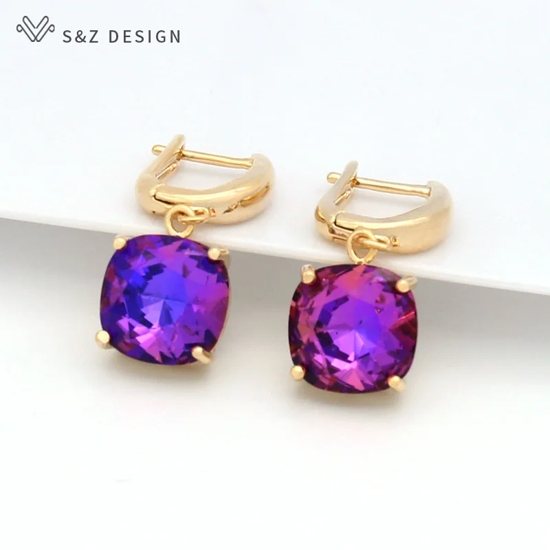 S&Z DESIGN Korean Fashion Square Crystal Dangle Earrings 585 Rose Gold Color Eardrop For Women Wedding Jewelry Lover Gift