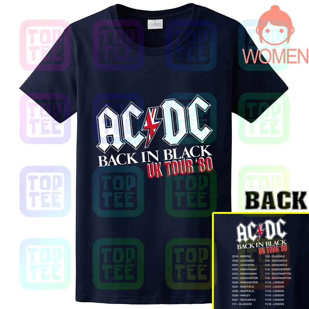 ACDC Back in Black UK Tour 1980 Мужская футболка Винтаж Рок-Группа Альбом Music Merch - Цвет: WOMEN-NAVY