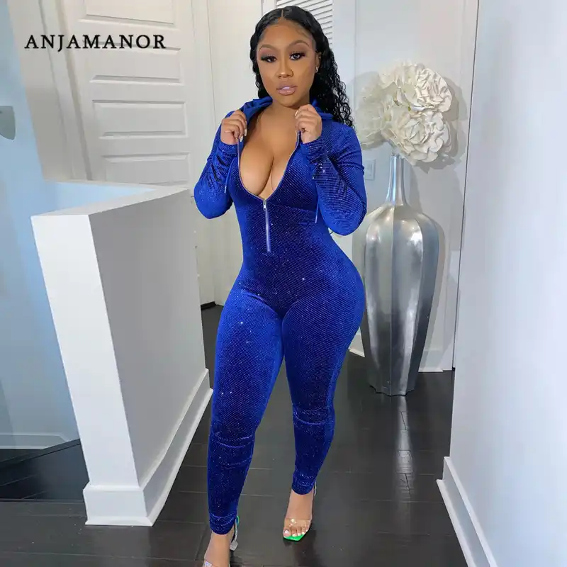 Anjamanor付き長袖ボディコンスーツの女性の冬ブルーベルベットキラキラセクシークラブワンピースドレス衣装d70 Ee45 ジャンプスーツ Aliexpress