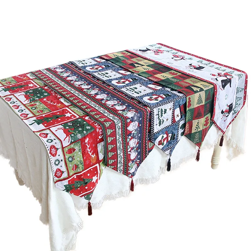 

Christmas New Year Embroidery Santa Claus Snowman Table Runner Flag Washable Dining Table Cover For Party Banquet DecorationHF