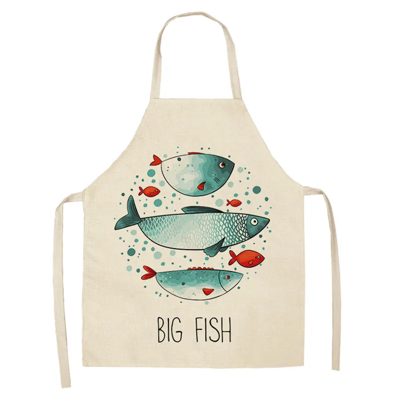 Fish Aprons for Women Kids Sleeveless Cooking Baking Cleaning Tools Marine Animals Printed Kitchen Aprons Cotton Linen Bibs