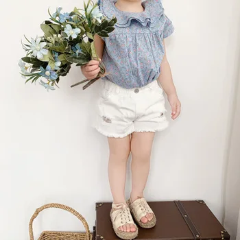 

Summer 2020 Girls Double Layer Lotus Leaf Collar Floral Shirt Girls Blue Printed Doll Shirt Kids Girls Cute Casual Blouse 2-8Y