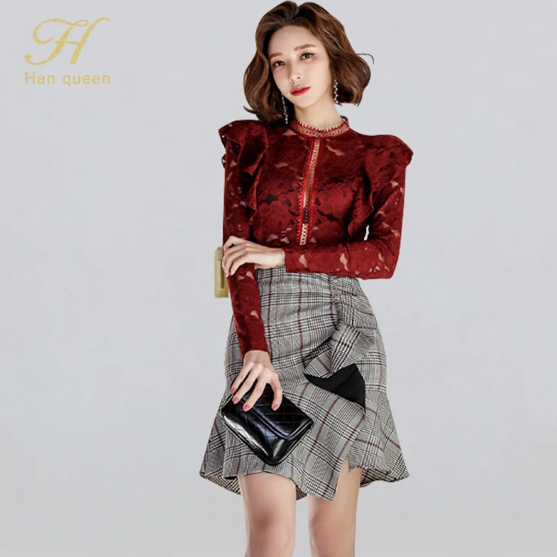 H Han Queen 2019 Winter Korean Style Sexy 2 Pieces Set Hollow Out Lace See Through Blouses And Grid Plaid Ruffles Bodycon Skirts |