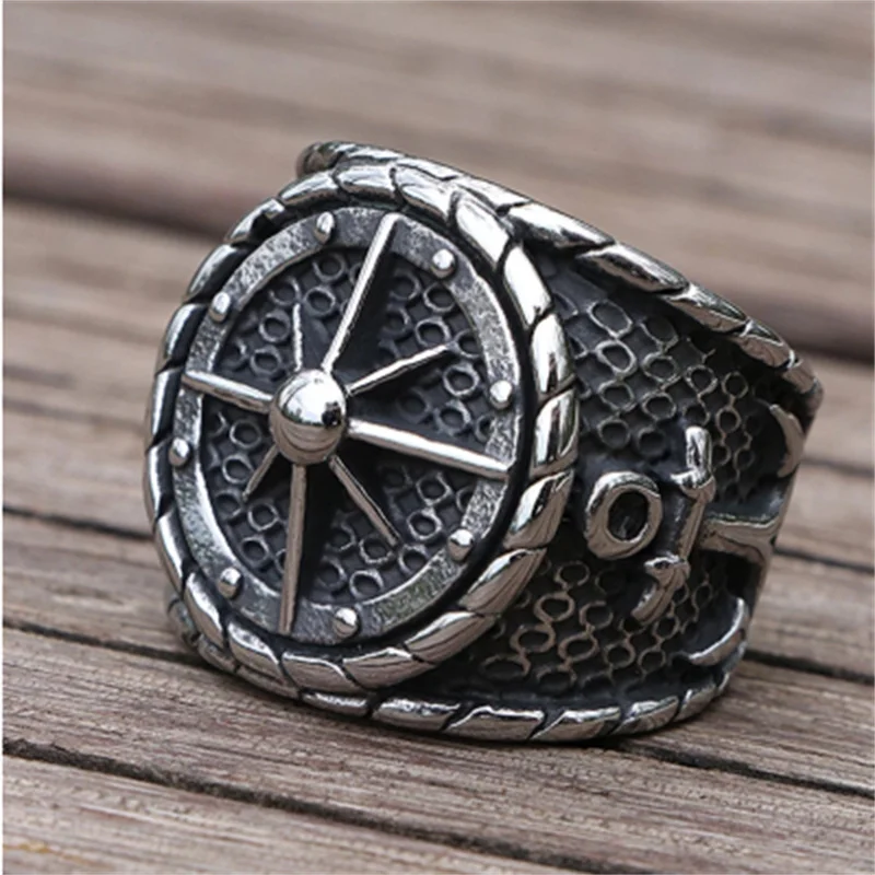 Cool Viking Pirate Compass Ring Nordic Stainless Steel Locomotive Anchor Ring Men's Retro Sailor Amulet Jewelry Wholesale