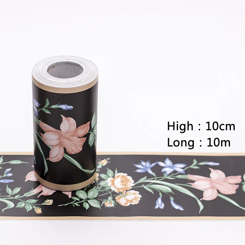 10cm*10m Waist Line Wall Sticker Kitchen Waistline Bathroom Toilet Waterproof Self Adhesive Wallpaper Border Floral Wall Paper - Color: Black