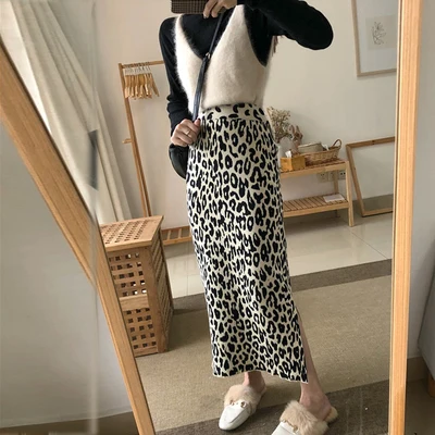 Женская юбка миди с леопардовым принтом и высокой талией, Мягкая шерстяная облегающая леопардовая трикотажная юбка миди - Цвет: leopard Skirt