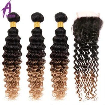 

Alimice Ombre Bundles With Closure Indian Deep Wave Human Hair Weaves T1B/4/27 Remy Hair Extension Ombre Three Tone MiddleRatio