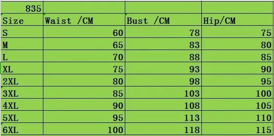 835 size table