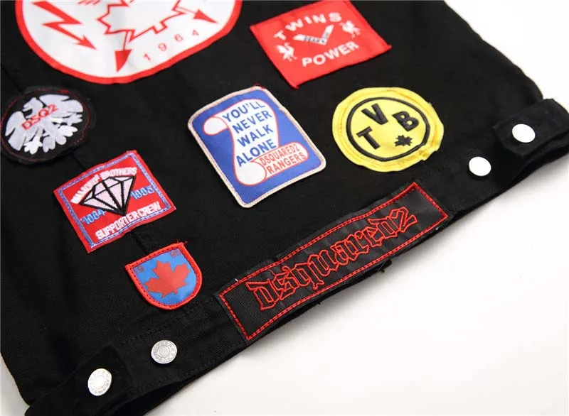 Men High Street Denim Vest Fashion Badge Patchwork Waistcoats For Male Sleeves Jeans Jackets Streetwear (1)