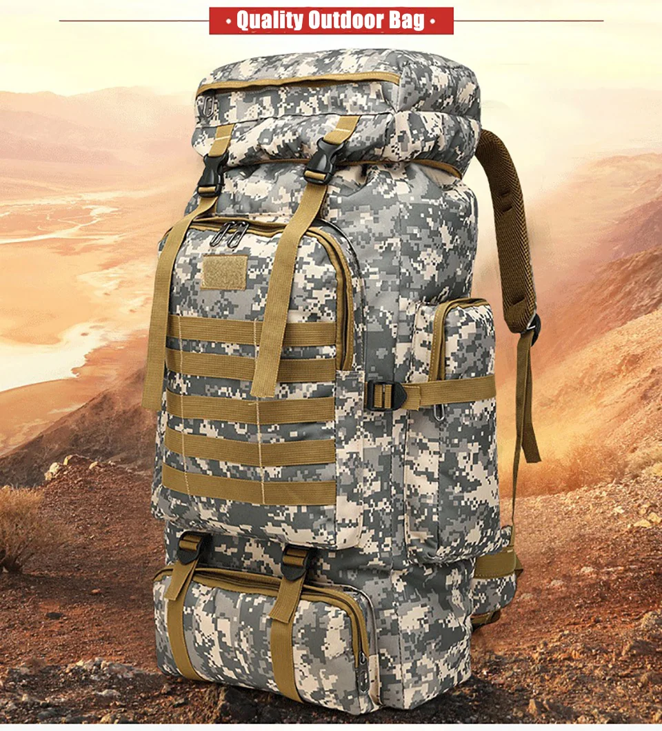  80L Waterproof Molle Camo Tactical Backpack Military Army Hiking Camping Backpack Travel Rucksack O