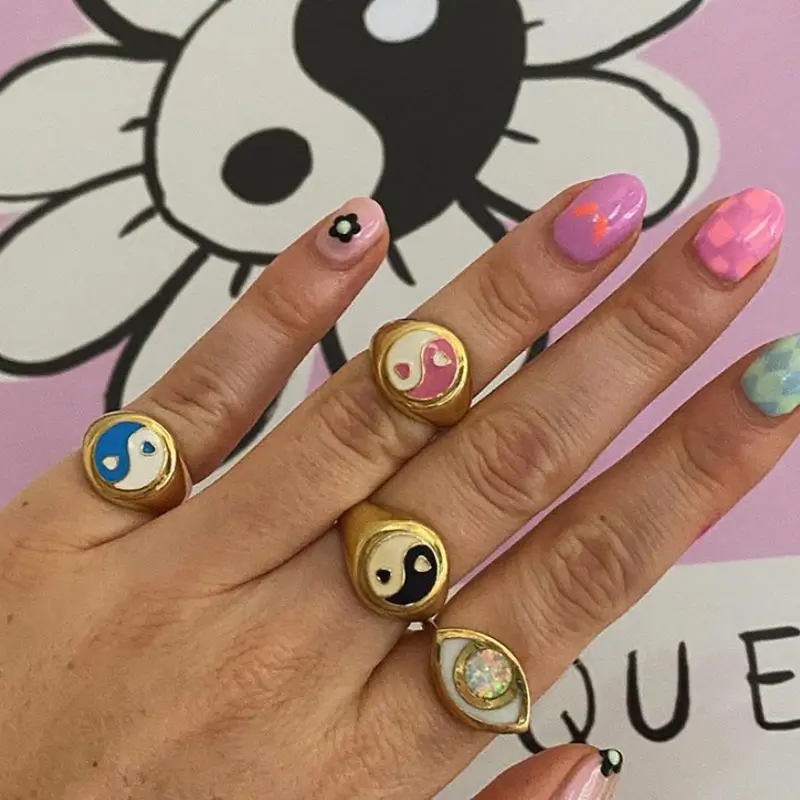 JUST FEEL-anillos de Metal de Color dorado 2020 para mujer, joyas coreanas, con Margarita esmaltada, corazón de tulipán, Yin y Yang, joyería
