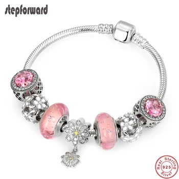 

STEP FORWARD 100% 925 Sterling Silver Original Bracelet Pink Crystal Bracelets For Women Luxury Designer Silver Jewelry Gift