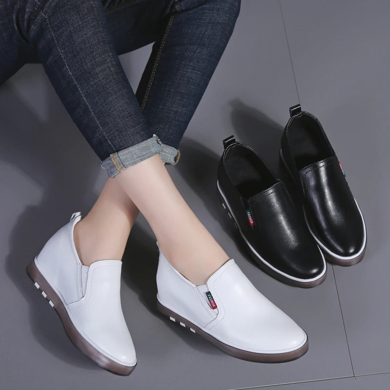 Plardin/Женские Низкие кроссовки; повседневная обувь из натуральной кожи; слипоны с острым носком; Резиновая женская обувь черного цвета на плоской платформе; криперы