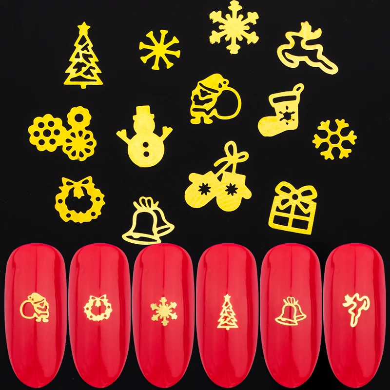 

400PCS/Pack 3D Snowflake Snowman Xmas Tree Gift Box Gold Metal Slices nail art christmas decorations charms nail supplies