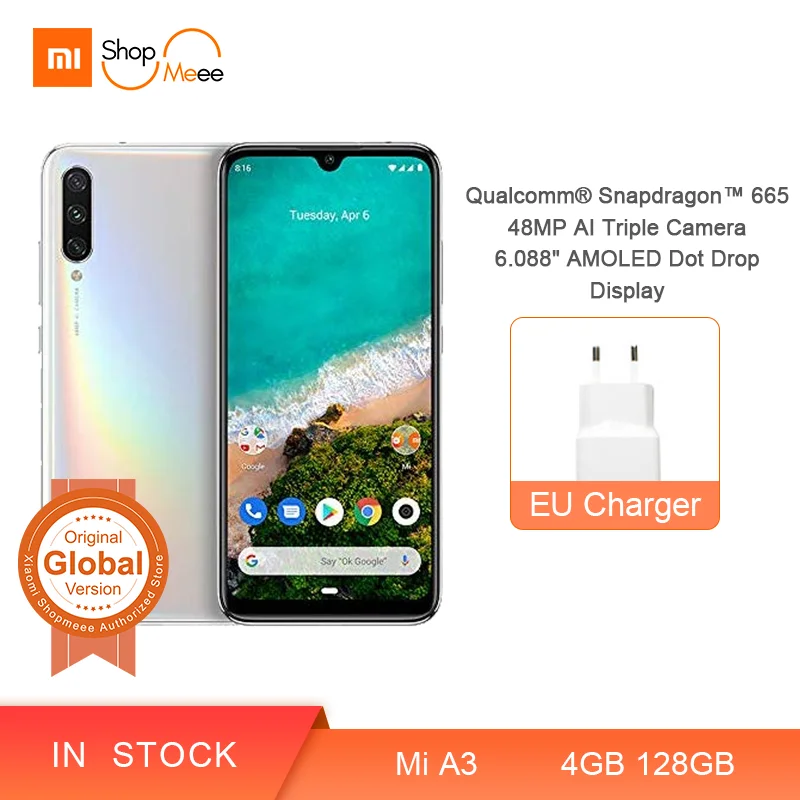 Смартфон Xiaomi Mi A3, глобальная версия, 4 Гб, 128 ГБ, 32 МП, селфи, Android One, Snapdragon 665, 48 МП, 4030 мАч, камера, экран AMOLED, 6,09 дюйма