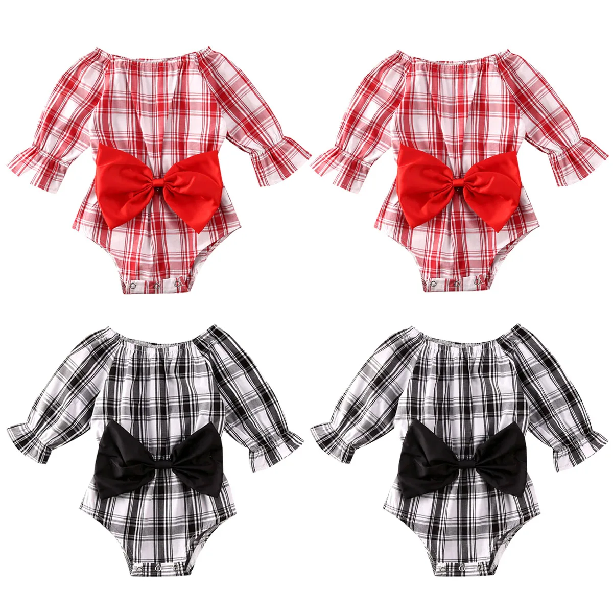 Christmas Newborn Kid Baby Girl Clothes Red Black Plaid Bodysuit Fashion Bow Jumpsuit Outfit 2pcs set Toddler Winter Warm outfit