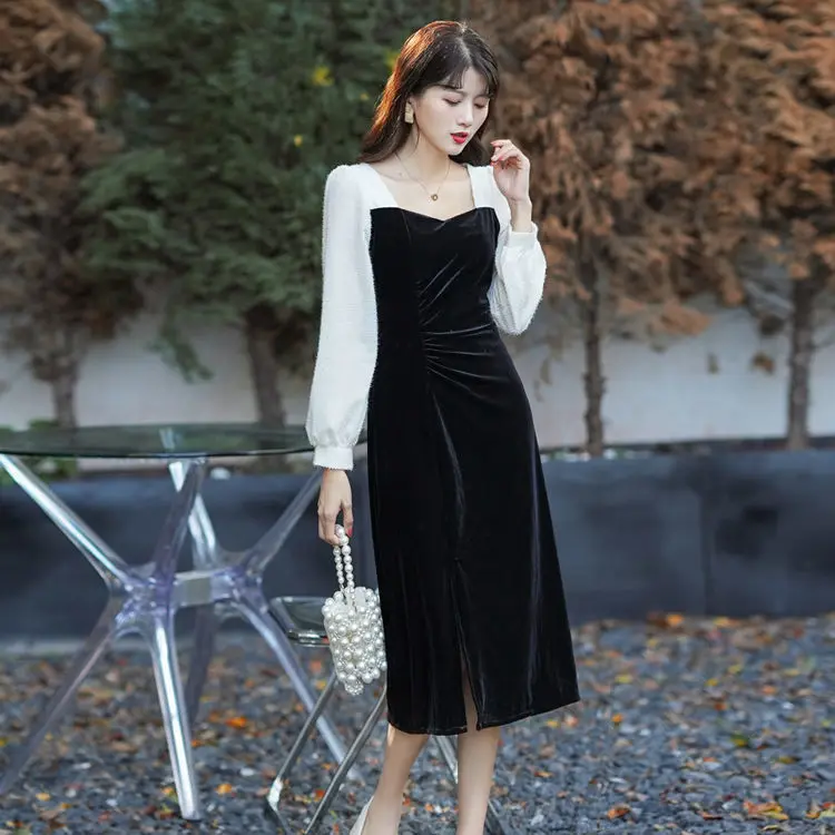 

Women's Autumn Winter Gold Velvet Dress Retro Gentle Split Fork Commute Casual French Party Temperament Sexy Black XL Dress