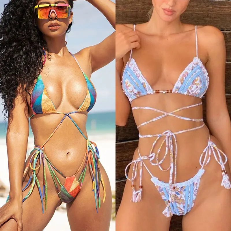 Rinabe-Bikini Bandage con Tanga para mujer, traje de baño con estampado Floral, conjunto de Bikini ahuecado, ropa de baño con cordón Micro, 2020