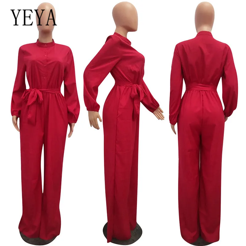 YEYA/большие размеры; женская элегантная для работы в офисе; комбинезоны; модные комбинезоны с длинными рукавами и поясом; повседневные Свободные Комбинезоны; Mujer - Цвет: Бургундия