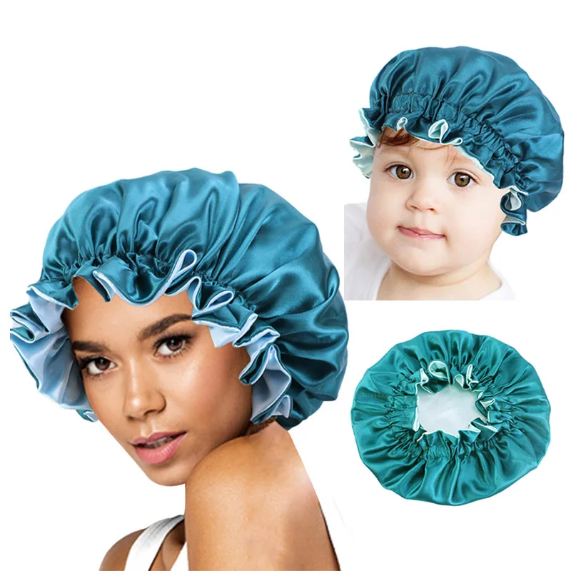 Mommy And Baby 2pcs Set Satin Bonnet for curly Hair Double Layer Silky Night Sleep Cover Cap Parents and kids Hat Hair Styling