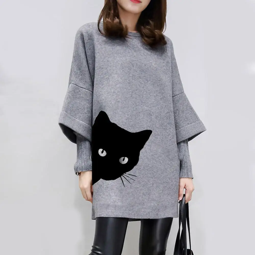 Gray one cat Корейские женские длинные свободные толстовки, платье в повседневном стиле с расклешенными рукавами, осенне-зимний свитер, sudaderas mujer Harajuku - Цвет: Gray one cat