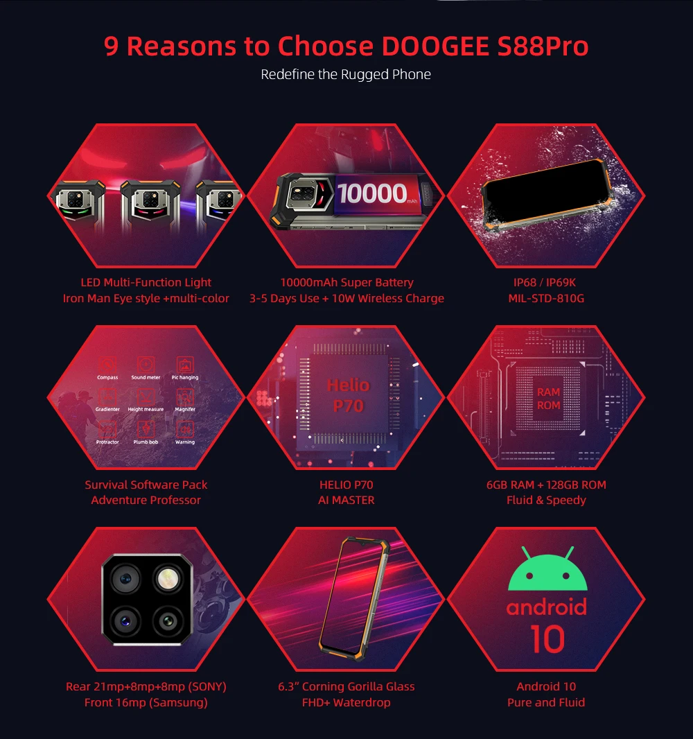 IP68/IP69K DOOGEE S88 Pro Rugged Mobile Phone 10000mAh telephones Helio P70 Octa Core 6GB RAM 128GB ROM smartphone Android 10 OS