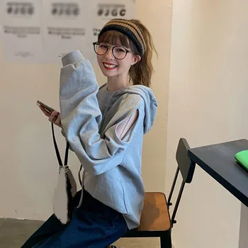 

Women Hoodie Off-shoulder Casual Sweatshirt Autumn Solid Color Hooded Sweet Sweatshirt Korean Hoodie