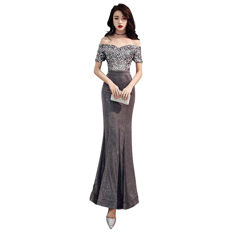 Вечернее платье с открытыми плечами Robe De Soiree, женские вечерние платья с коротким рукавом и вырезом лодочкой, вечерние платья с блестками F114