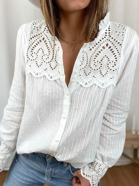 loose women blouses 2022 autumn new lace women shirt tops fashion casual round neck long sleeve women blouses white