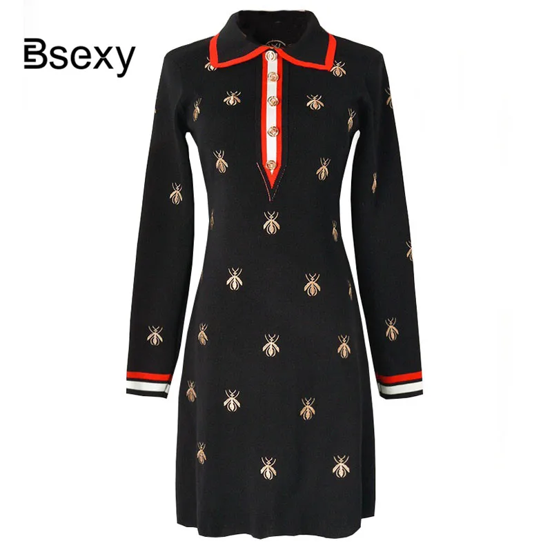 

Autumn Women Jumper Dress 2019 Fashion Bees Embroidery Turn Down Collar Long Sleeve Bees Embroidery Casual Black Knitted Dress