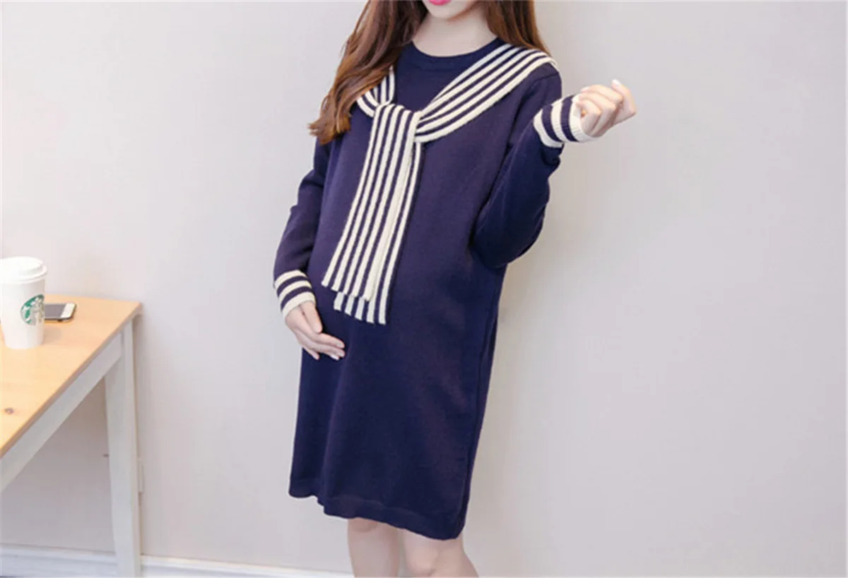 Pregnant autumn fashion long coat loose stitching color bottoming shirt knit dress comfortable soft pregnant long sweater