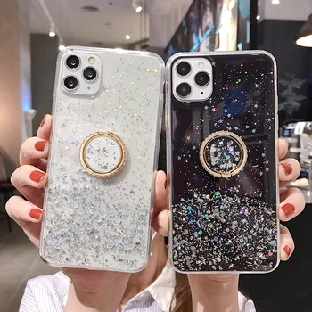 

Glitter Gold Foil Sequin Clear Phone Case For iPhone 11Pro Max XR XS Max 6 6S 7 8 Plus X Dream Star Soft Epoxy Ring holder Cover