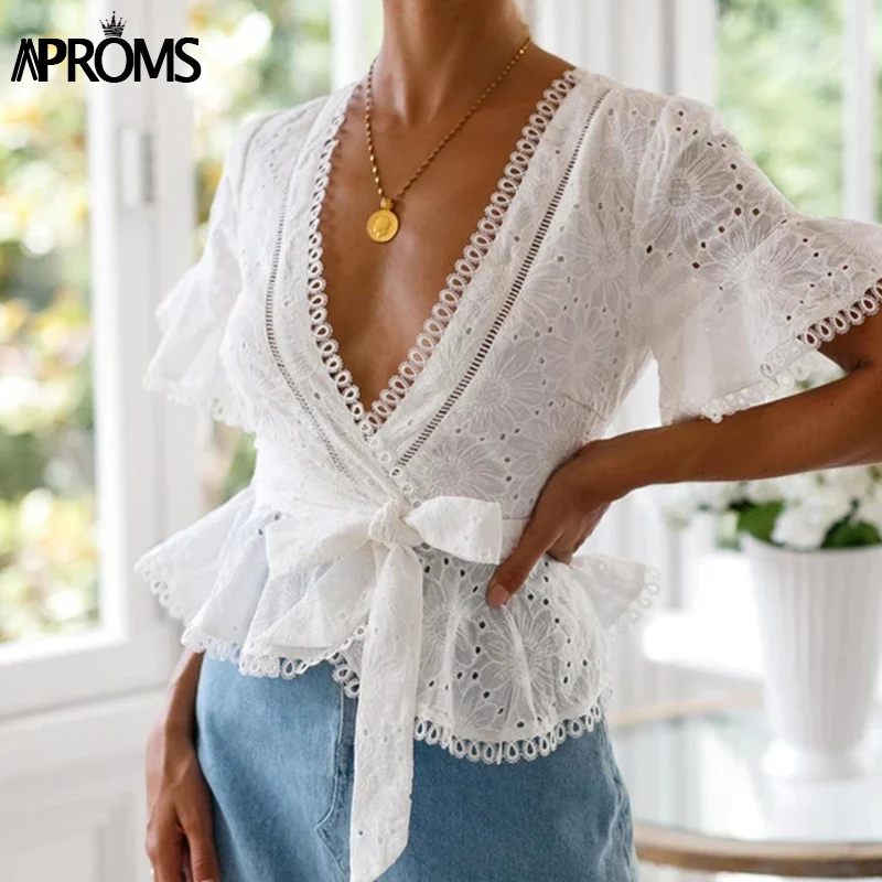Aproms шикарная кружевная блузка с вышивкой, Женская Летняя Сексуальная Блузка с оборками, с открытой спиной, с поясом, рубашка с коротким Расклешенным рукавом, топ